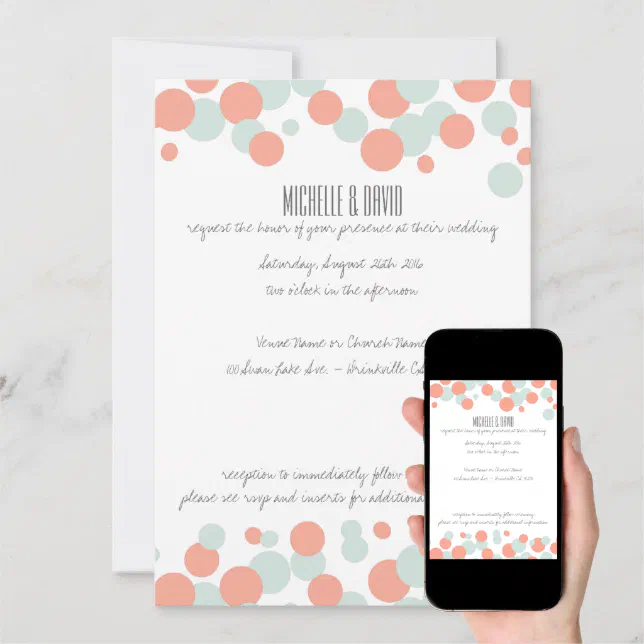 Coral &amp; Mint Bubbles Confetti Wedding Invitations | Zazzle