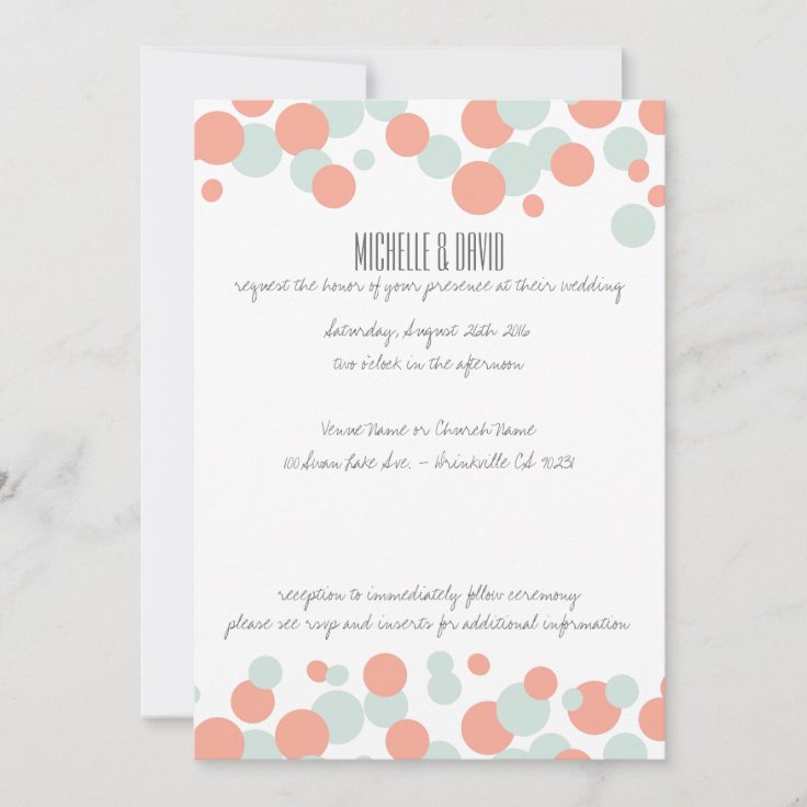 Coral &amp; Mint Bubbles Confetti Wedding Invitations | Zazzle