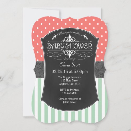 Coral Mint Chalkboard Stripes Baby Shower Invite