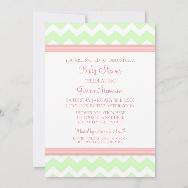 Coral Mint Chevron Custom Baby Shower Invitations (Back)