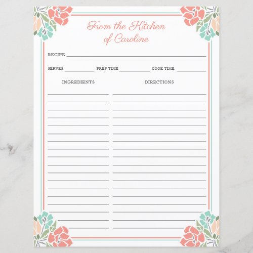 Coral  Mint Floral Cookbook Binder Recipe Sheets