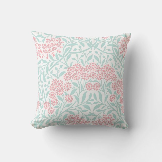 Coral Mint Floral Damask Pattern Throw Pillow (Front)