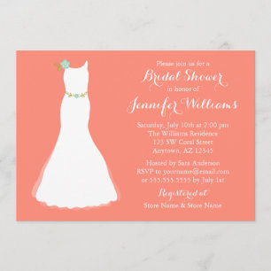 Coral Mint Floral Wedding Gown Bridal Shower Invitation