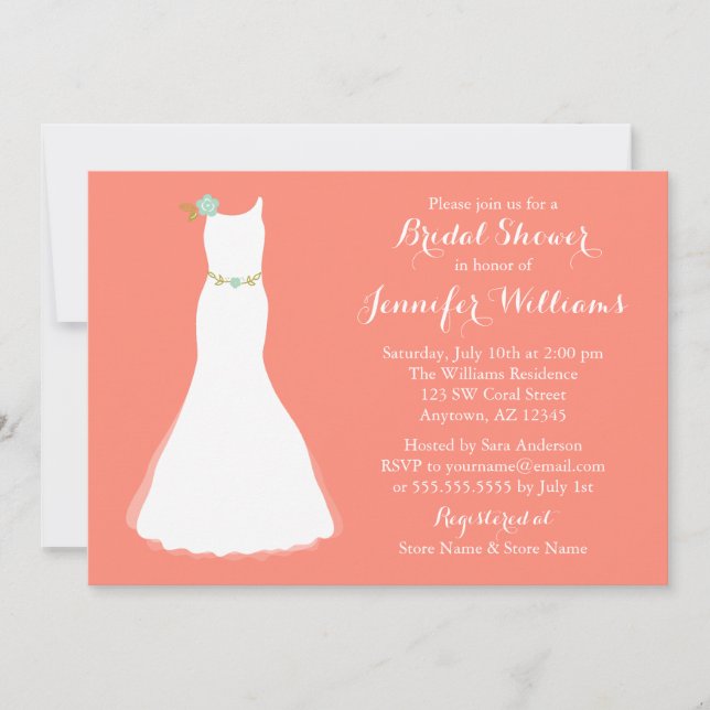 Coral Mint Floral Wedding Gown Bridal Shower Invitation (Front)