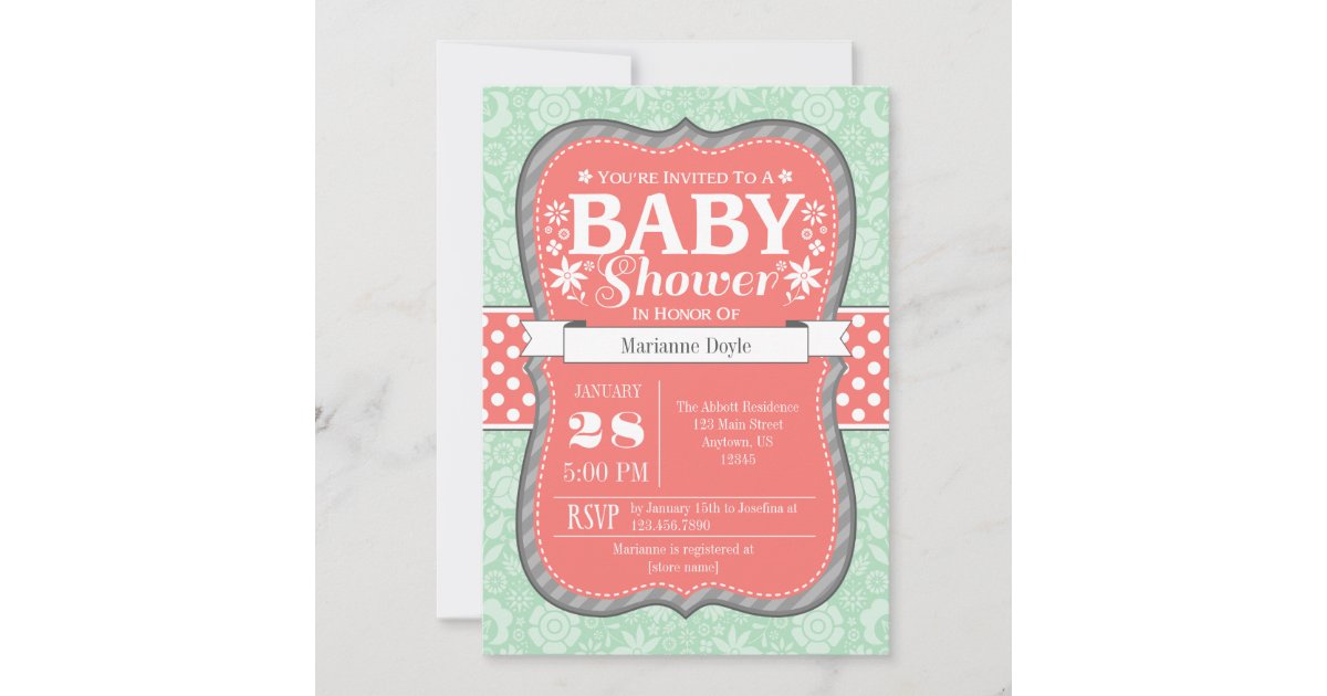 personalized custom 5x7 Mint Teal Coral Gray Rose Tea Party Birthday or Baby Shower PRINTED invitation with envelopes