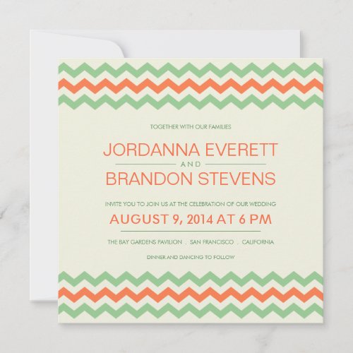 Coral Mint Green Chevron Wedding ZigZag Invitation