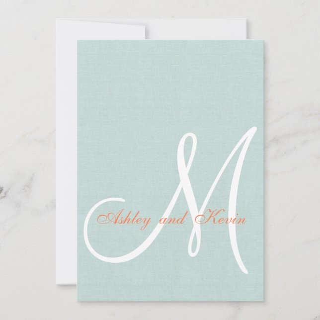 Coral Mint Green Linen Rustic Wedding Invitation (Front)