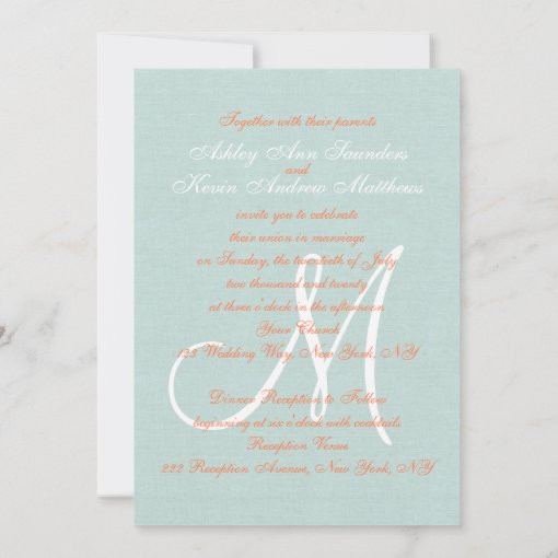 Coral Mint Green Linen Rustic Wedding Invitation | Zazzle