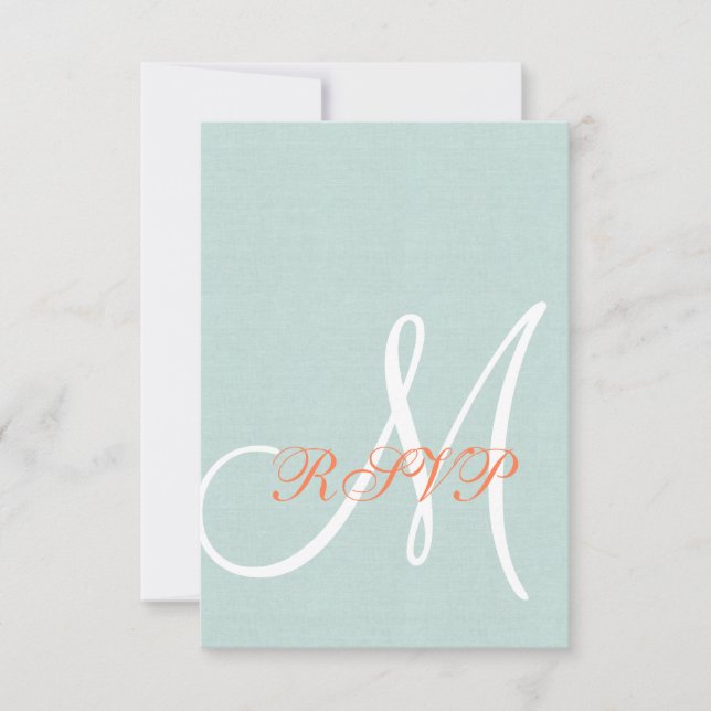 Coral Mint Green Linen Rustic Wedding RSVP Card (Front)