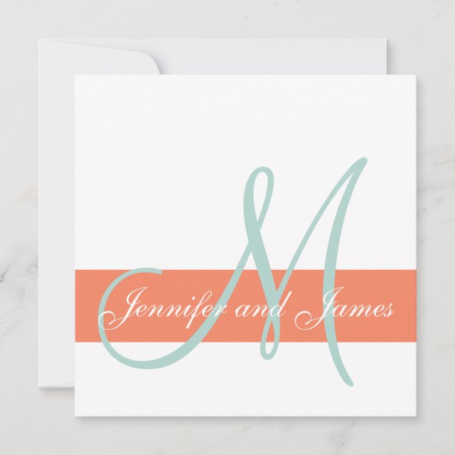 Coral Mint Green Monogram Names Simple Wedding Invitation (Front)