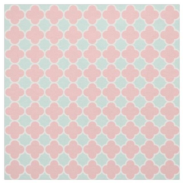 Coral Mint Green Quatrefoil Pattern Fabric (Swatch)