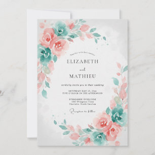 Coral Mint Leaf Wedding Invitation