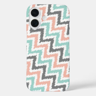 Coral Mint Linen Diagonal Zigzag Ikat Pattern iPhone 16 Case