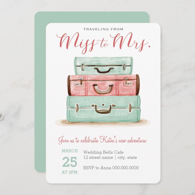 Coral Mint Miss to Mrs. Travel Shower Invitation (Front/Back)