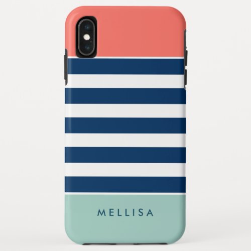 Coral Mint Navy White Stripes _ Trendy Stylish iPhone XS Max Case