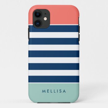 Coral Mint Navy White Stripes - Trendy Stylish Iphone 11 Case by CityHunter at Zazzle