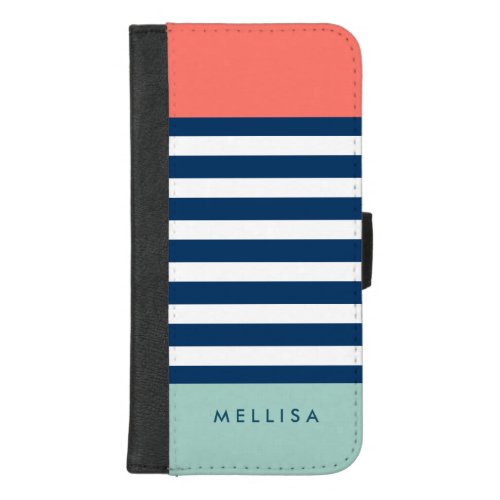 Coral Mint Navy White Stripes _ Trendy Stylish iPhone 87 Plus Wallet Case