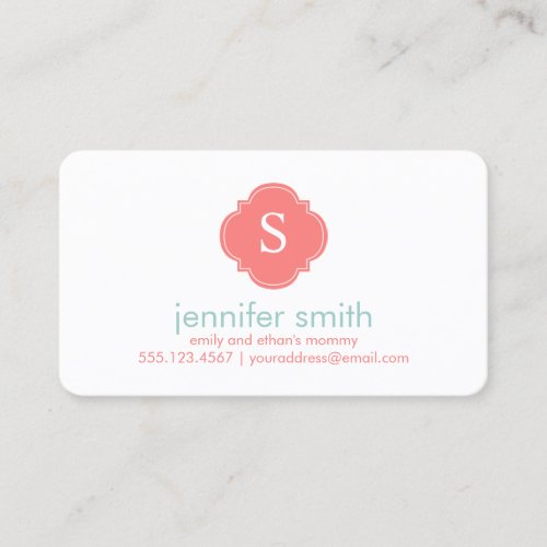 Coral Mint Quatrefoil Monogram Stripes Pattern Business Card Template
