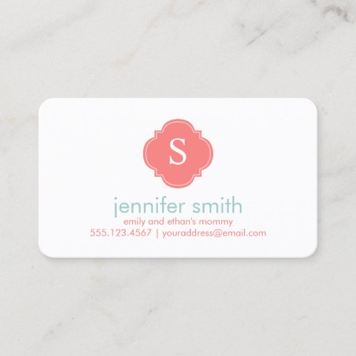 Customizable Coral Mint Quatrefoil Monogram Stripes Pattern Business Card Template