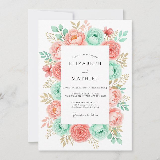 Coral Mint Romantic Botanical Wedding Invitation (Front)