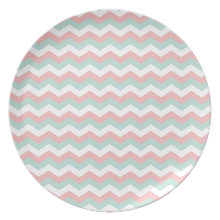 Coral Mint White Chevron Zigzag Party Plates