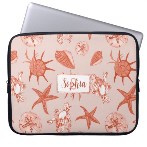 Coral mixed seashell pattern_custom monogram_name laptop sleeve
