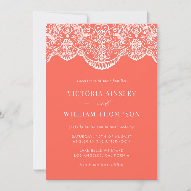 Coral Mod Moroccan Lace Pattern Wedding Invitation (Front)