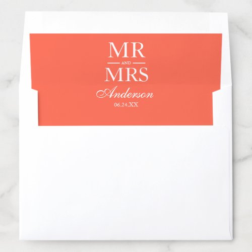 Coral Modern Elegant Mr and Mrs Wedding Envelope Liner