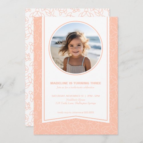 coral Modern elegant turtle pattern photo Invitation