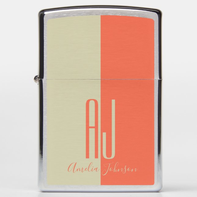 Coral Modern Monogram Name Zippo Lighter (Front)