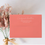 Coral Modern Script Wedding Envelope<br><div class="desc">Coral colored mailing envelope for your wedding invitations and features your name and address printed on back flap in a modern script style. Personalized your envelope by editing and replacing name and address with your own. Edit further to change font style or color. Select your envelope size that fits your...</div>