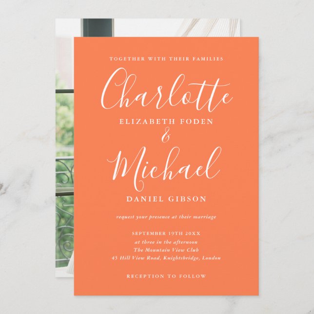 Coral Modern Signature Script Photo Wedding Invitation (Front/Back)