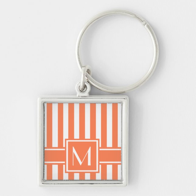 Coral Modern Stripe with Monogram Keychain (Front)