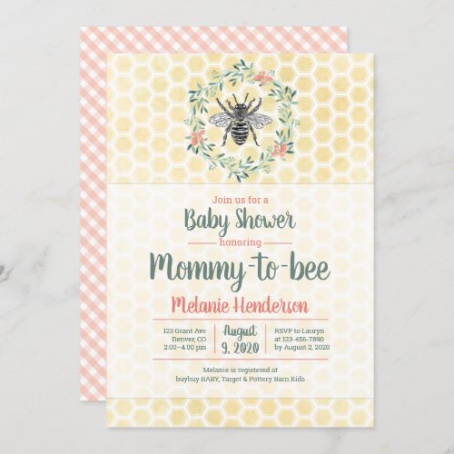 coral mommy to bee gender neutral baby shower invitation