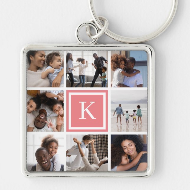 Coral Monogram 8 Photo Collage Keychain (Front)