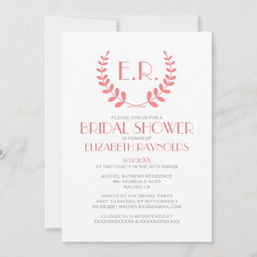 Coral Monogram Bridal Shower Invitations