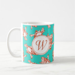 Coral Monogram Conch Shell on Turquoise Coffee Mug