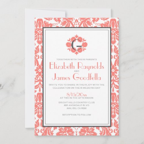 Coral Monogram Damask Wedding Invitations