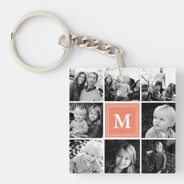 Coral Monogram Family Photo Collage Keychain (Front)