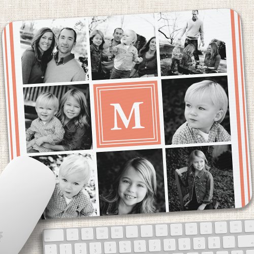 Coral Monogram Family Photo Collage Mouse Pad