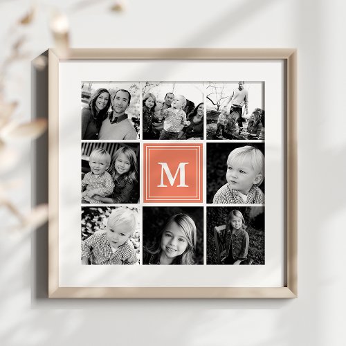 Coral Monogram Family Photo Collage Poster