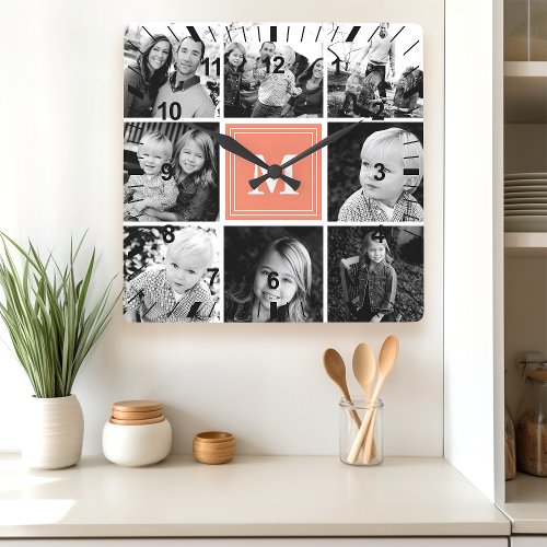 Coral Monogram Family Photo Collage Square Wall Clock