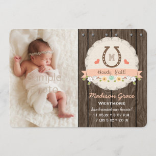 Coral Monogram Horseshoe Western Baby Announcement