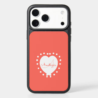 Coral Monogram Initial Name White Heart Dots iPhone 17 Pro Max Case