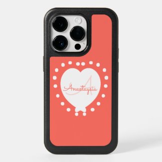Coral Monogram Initial Name White Heart Dots