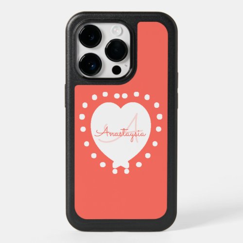 Coral Monogram Initial Name White Heart Dots OtterBox iPhone 14 Pro Case