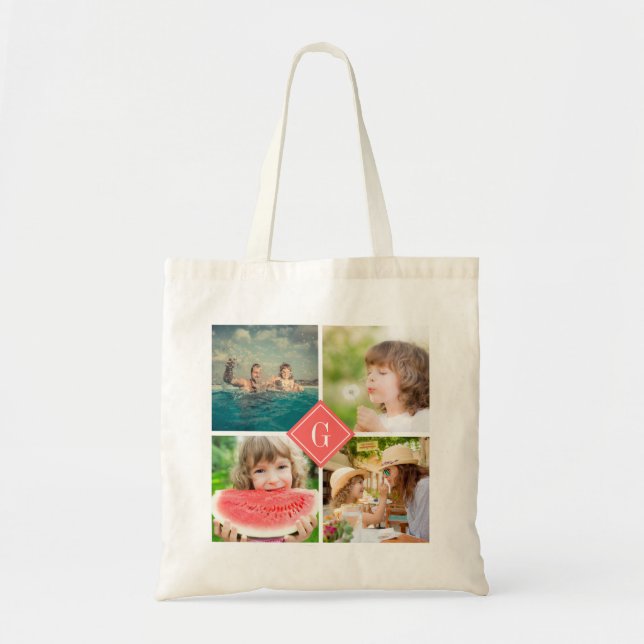 Coral Monogram Instagram Photo Collage Tote Bag (Front)