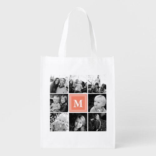 Coral Monogram Photo Collage Grocery Bag