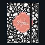 Coral Monogram Quatrefoil Black Floral Pattern iPad Folio Case<br><div class="desc">A stylish coral pink quatrefoil label frame featuring a name template and monogram template. The modern quatrefoil geometric shape sits on top of an intricate black and white floral pattern background. A pretty, feminine, flower pattern design with a shock of color. A unique gift for ladies that love nature, gardening...</div>