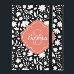 Coral Monogram Quatrefoil Black Floral Pattern iPad Folio Case<br><div class="desc">A stylish coral pink quatrefoil label frame featuring a name template and monogram template. The modern quatrefoil geometric shape sits on top of an intricate black and white floral pattern background. A pretty, feminine, flower pattern design with a shock of color. A unique gift for ladies that love nature, gardening...</div>